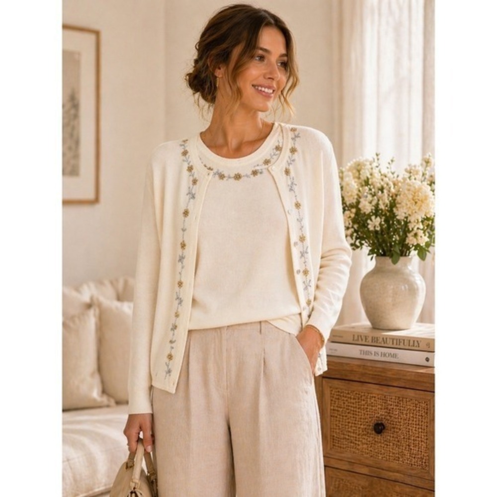 Ambra Vintage Cream Embroidered Cardigan Tank Set Cottagecore Coquette Small NWT